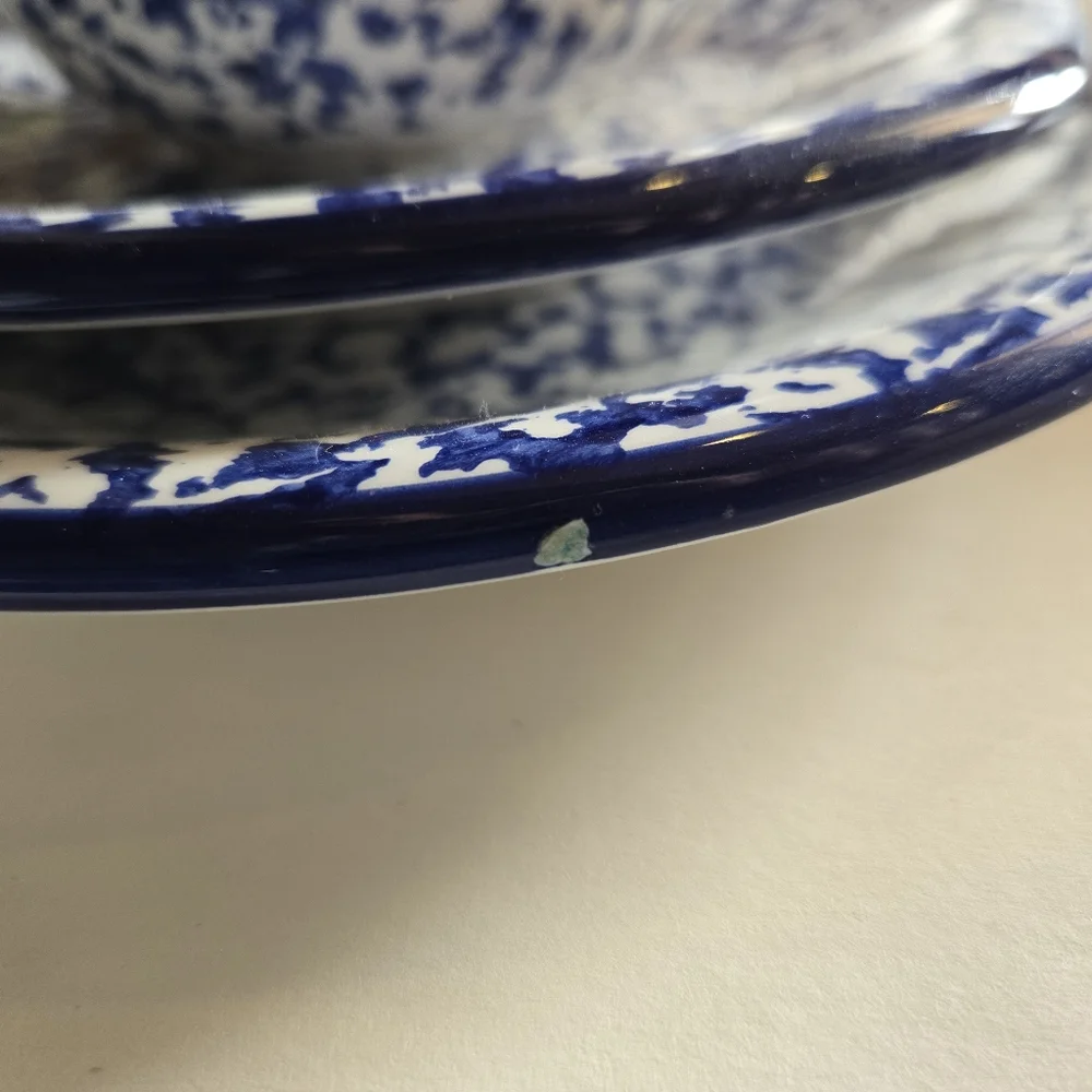 Crate & Barrel ~ Cup, Saucer and Salad Plate ~ Italy Blue Splatter Sponge Ware